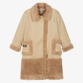 Girls Beige Faux Shearling Coat