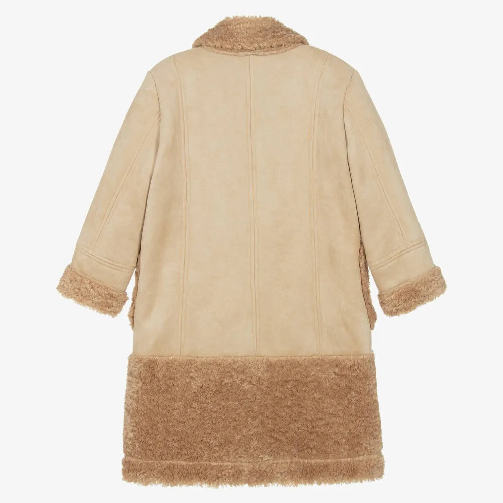 Girls Beige Faux Shearling Coat