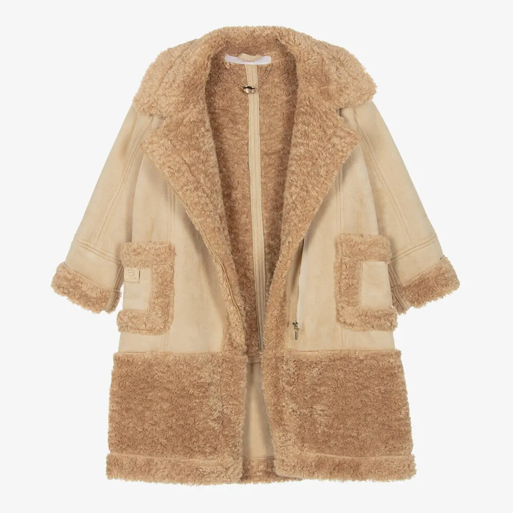 Girls Beige Faux Shearling Coat