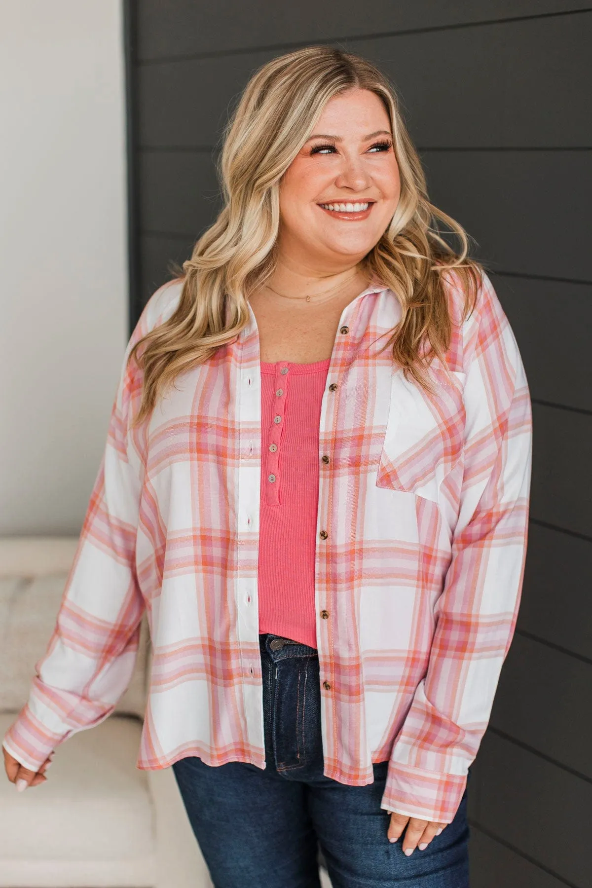 Going The Distance Plaid Top- Ivory & Pink