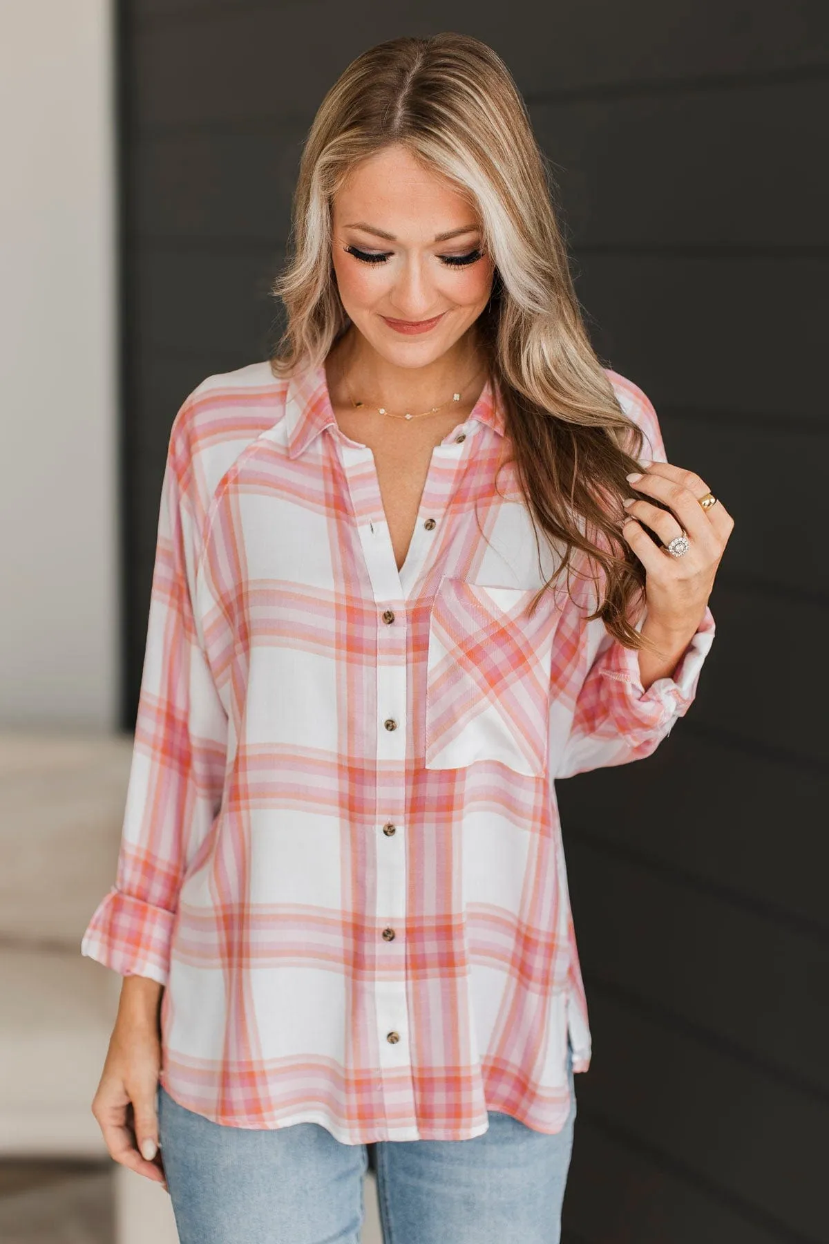 Going The Distance Plaid Top- Ivory & Pink