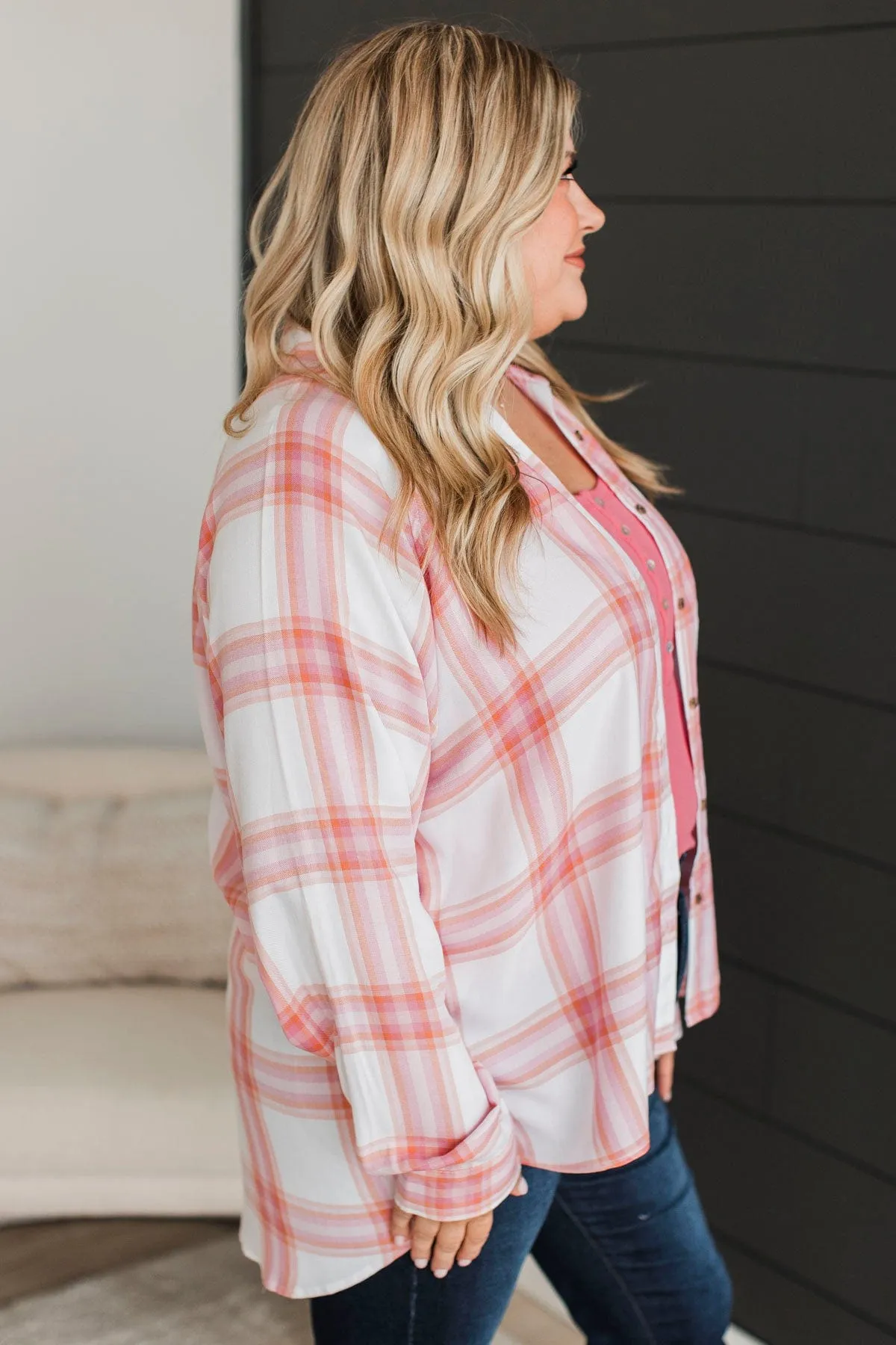 Going The Distance Plaid Top- Ivory & Pink