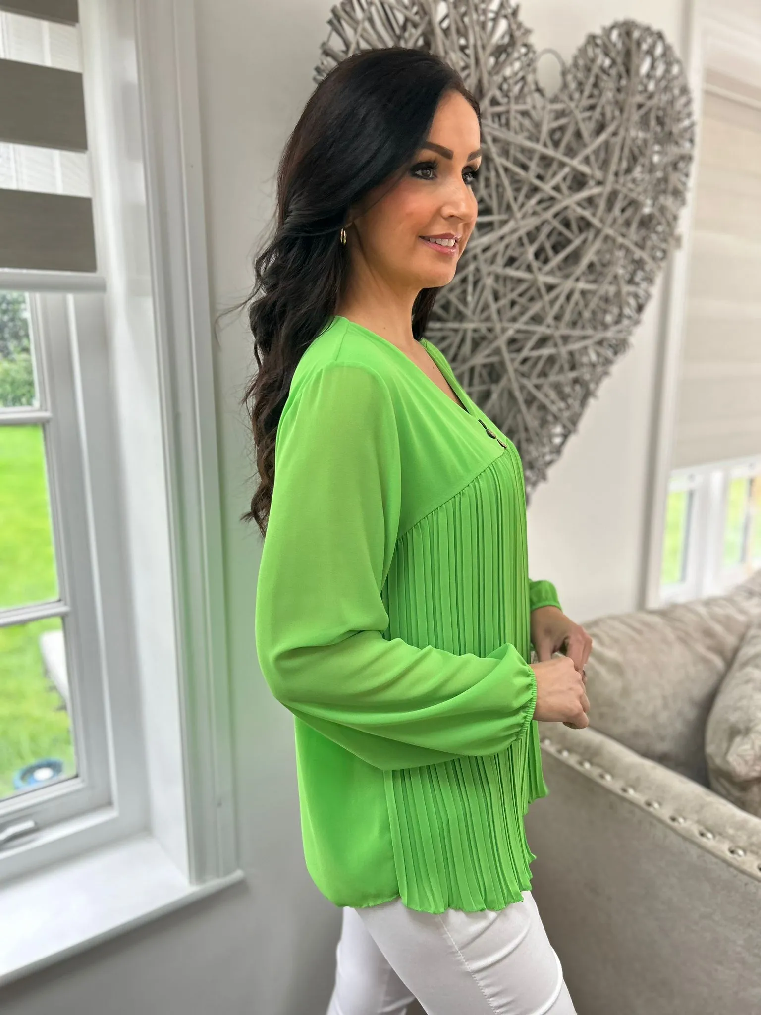 Green Button Pleated Blouse Hilary