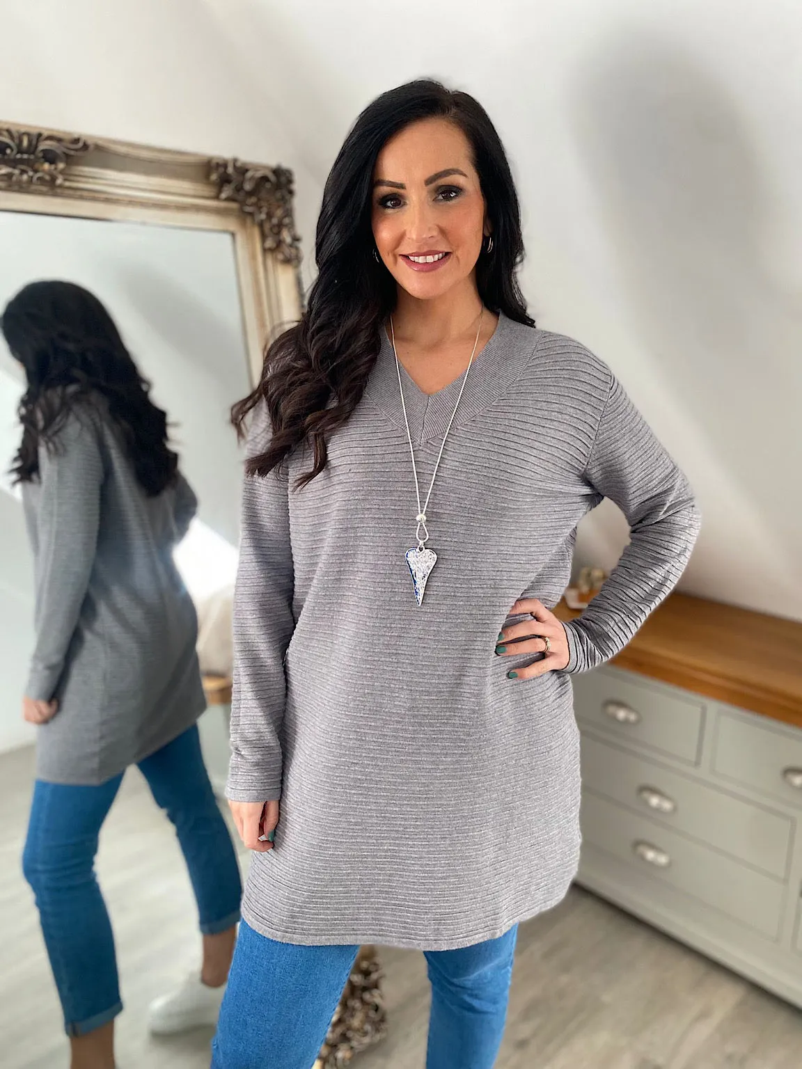 Grey Long Line Ribbed Jumper Dress - Sadie - Premium Quality