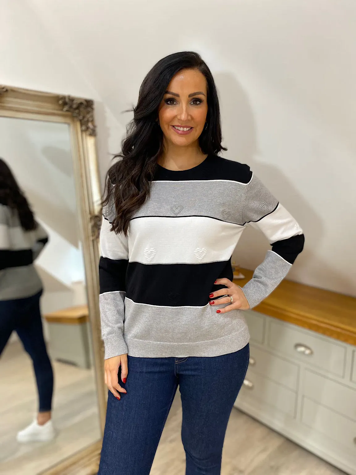 Grey Shimmer Stripe Heart Jumper | Tammy