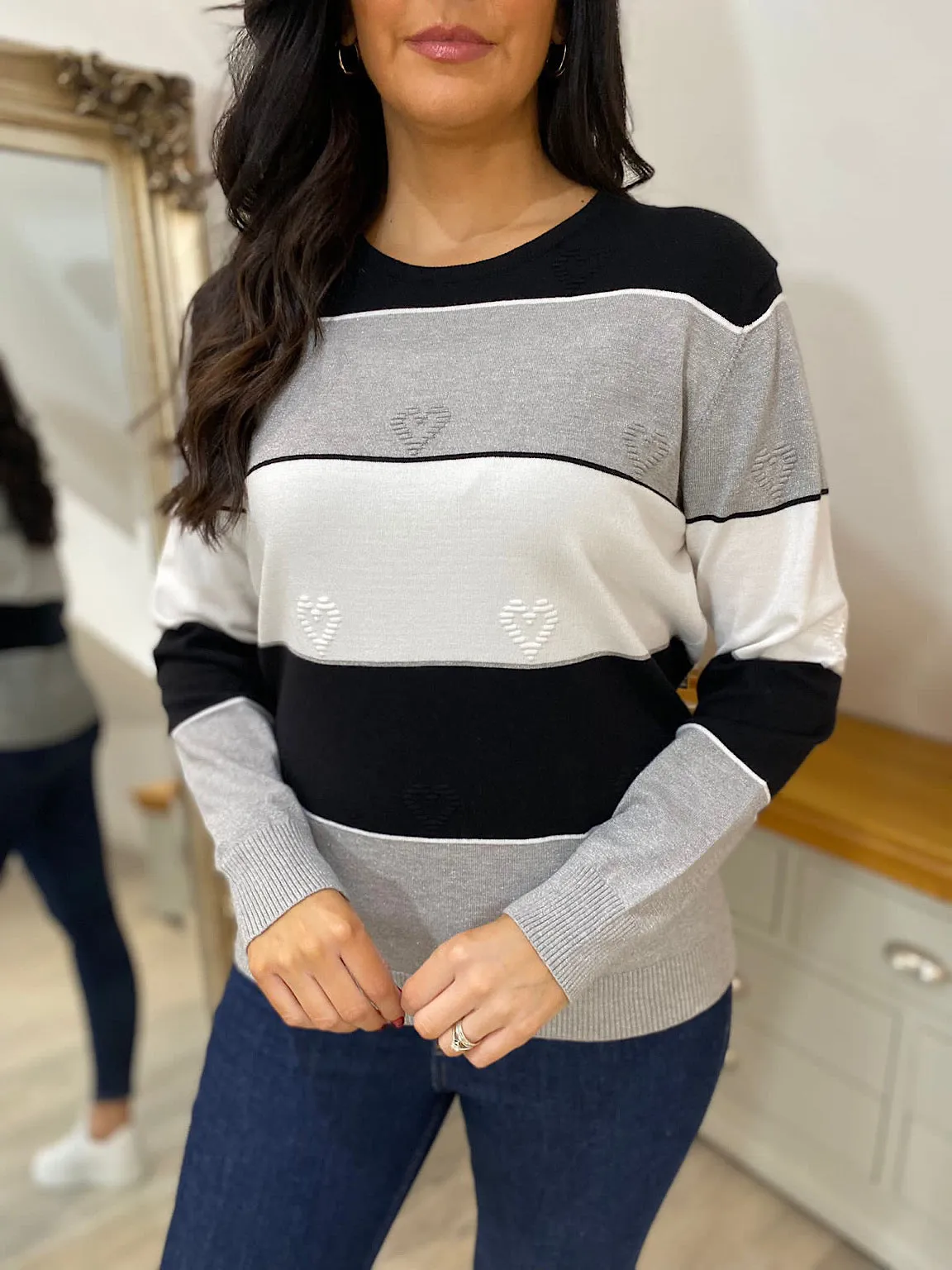 Grey Shimmer Stripe Heart Jumper | Tammy