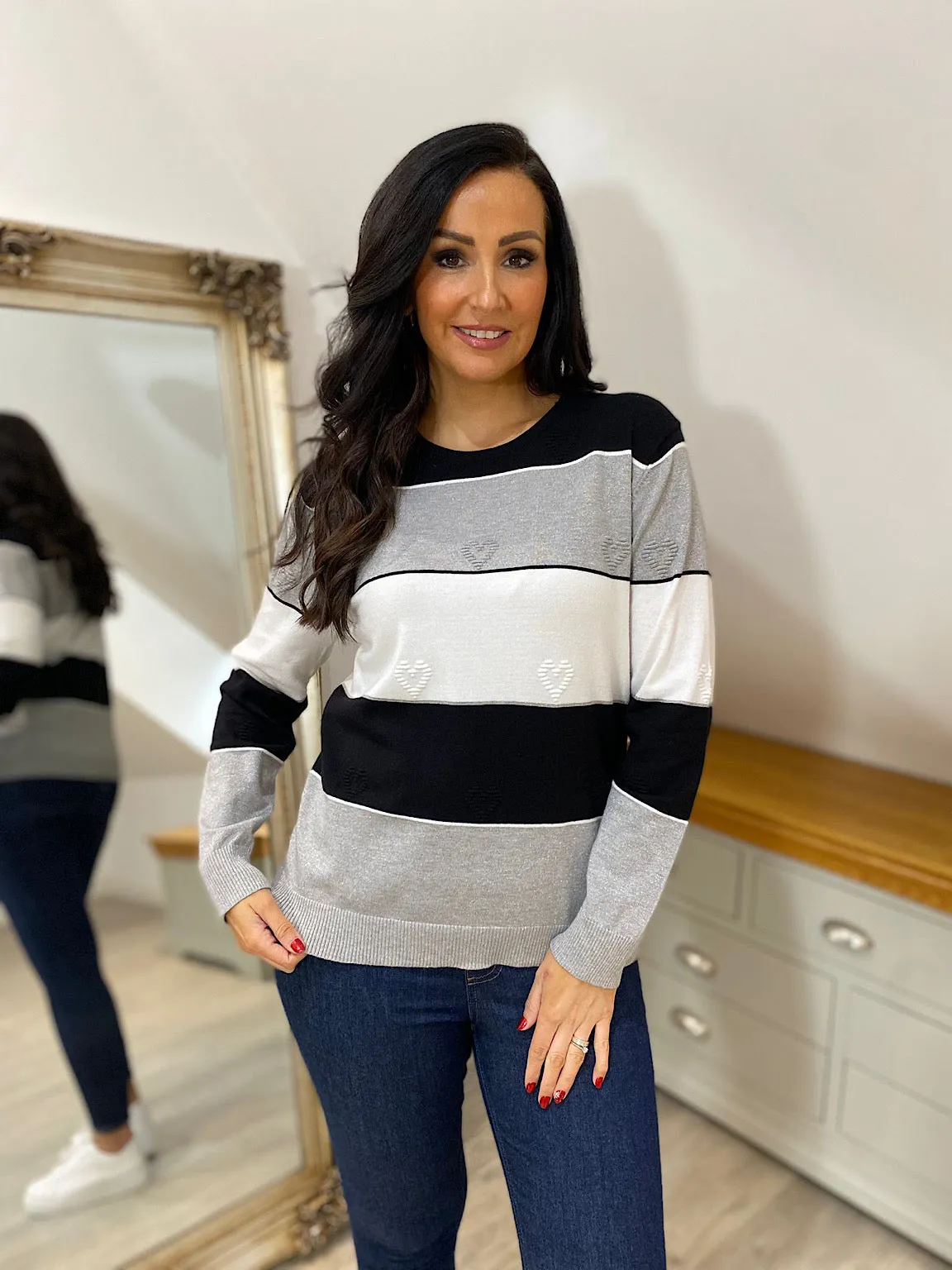 Grey Shimmer Stripe Heart Jumper | Tammy