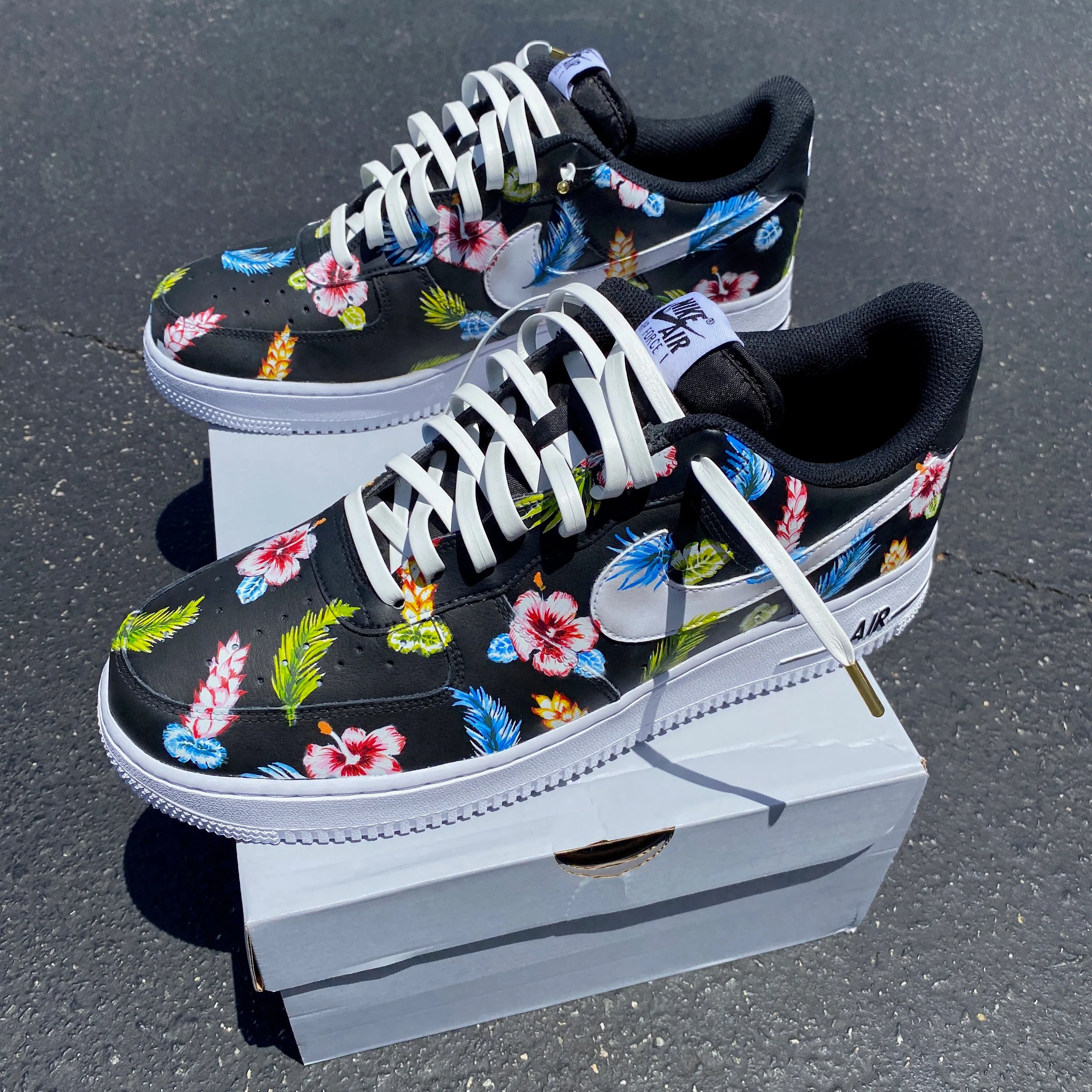 Hand Painted Tropical Floral Nike Air Force 1 Low - Black.