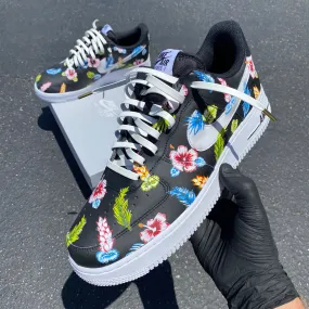 Hand Painted Tropical Floral Nike Air Force 1 Low - Black.