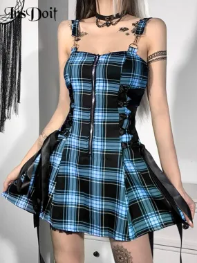 InsDoit Gothic Plaid Bandage Dress