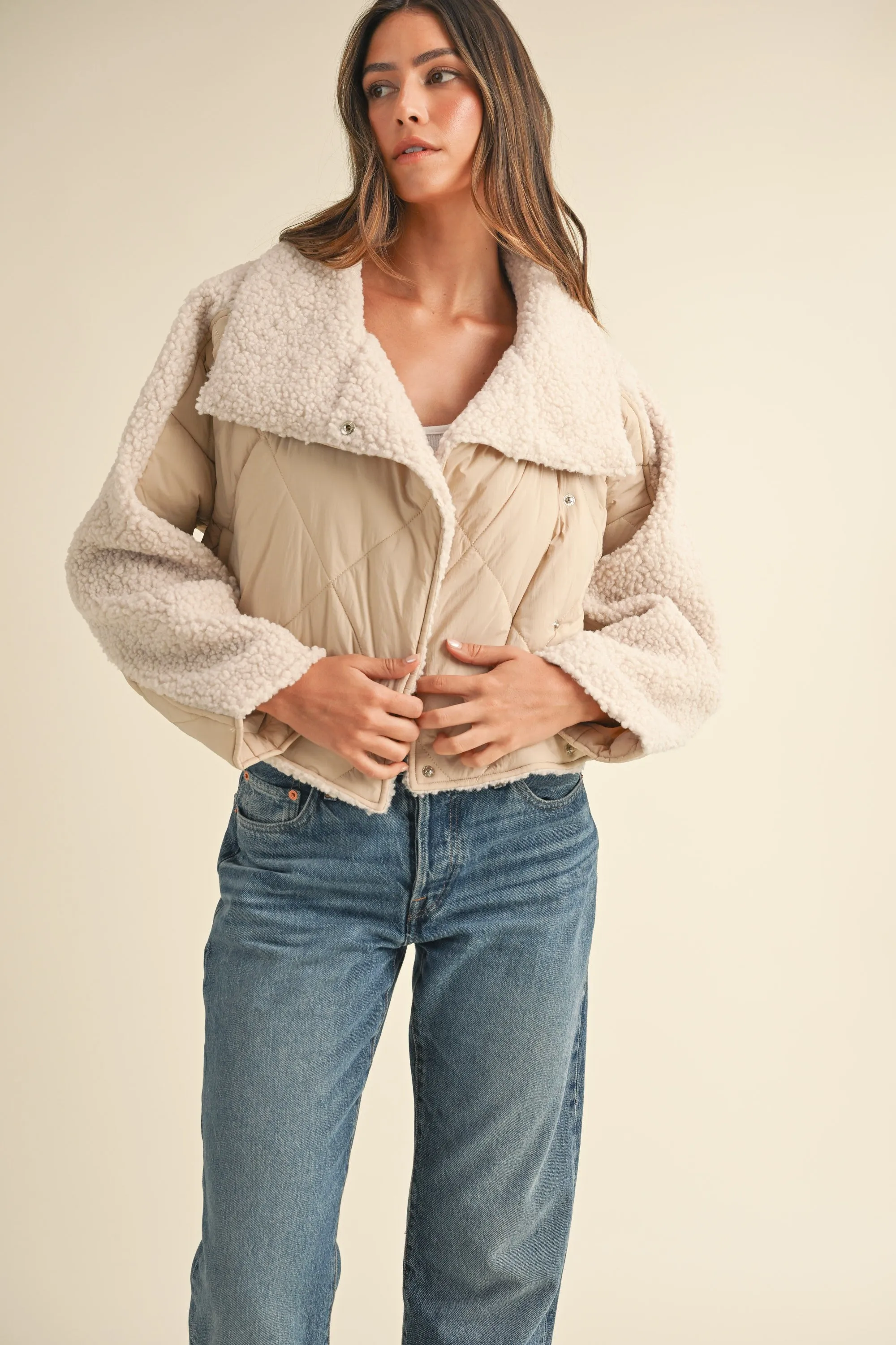 Jacey Quilted Jacket With Fluffy Shearling in Lt. Taupe