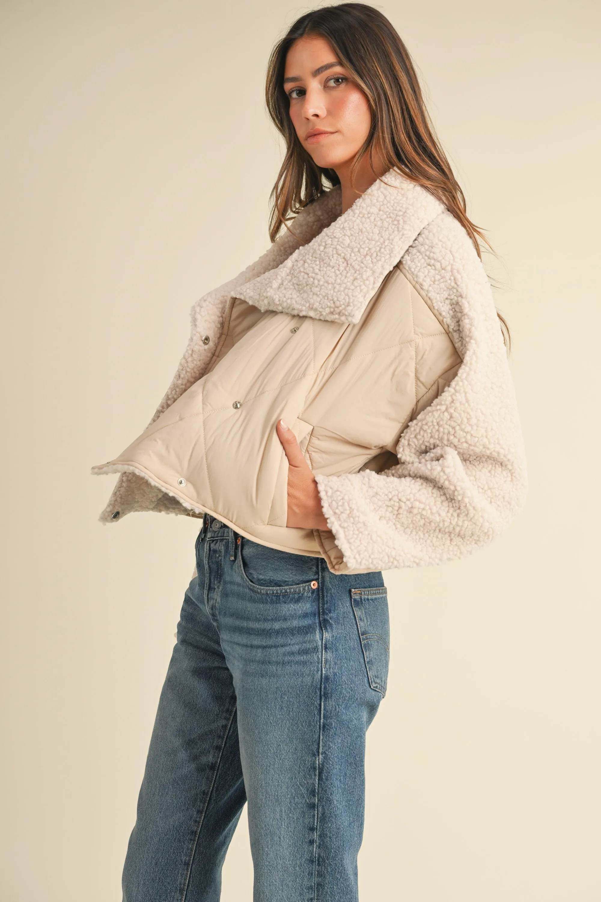 Jacey Quilted Jacket With Fluffy Shearling in Lt. Taupe