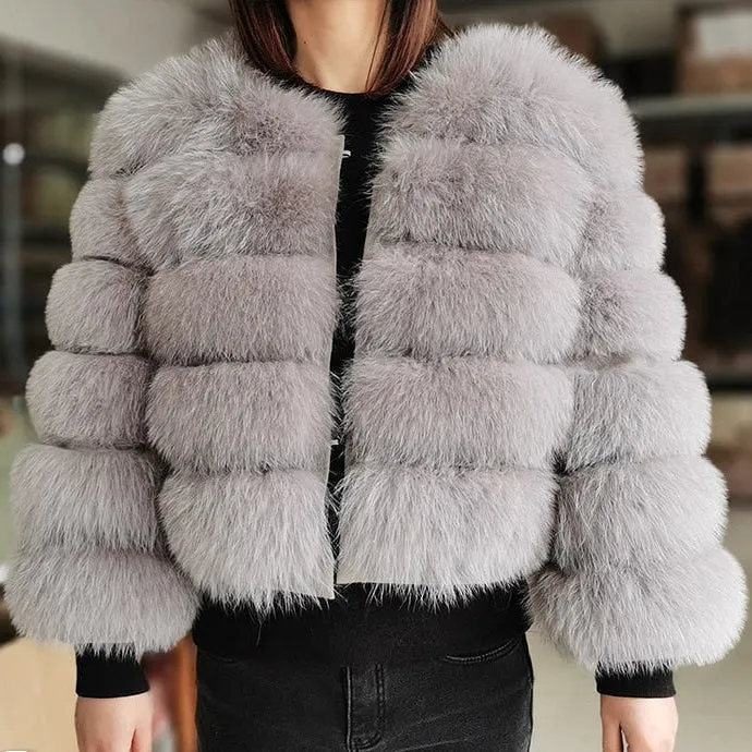 Luxury Winter Grey Natural Fox Raccoon Fur Leather Jacket for Women