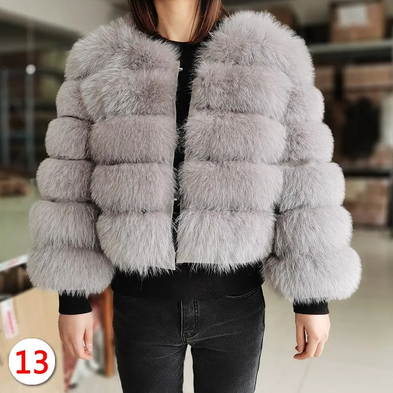 Luxury Winter Grey Natural Fox Raccoon Fur Leather Jacket for Women