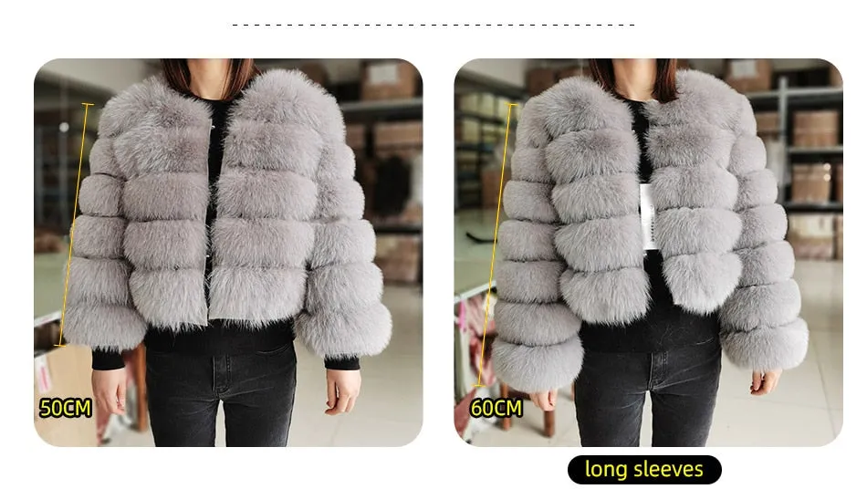 Luxury Winter Grey Natural Fox Raccoon Fur Leather Jacket for Women