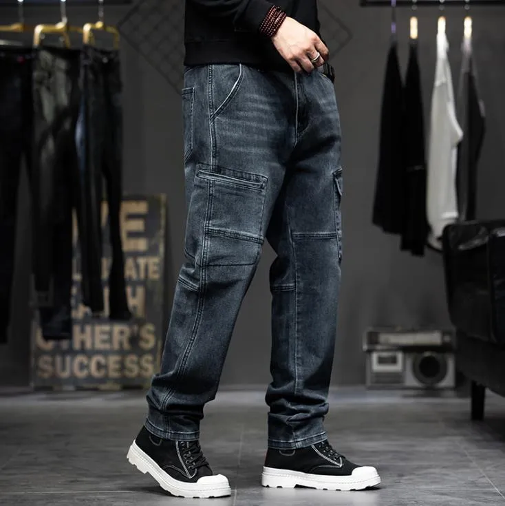 Men's Denim Leisure Hip-Hop Style Mid Waist Full-Length Loose Fit Jeans