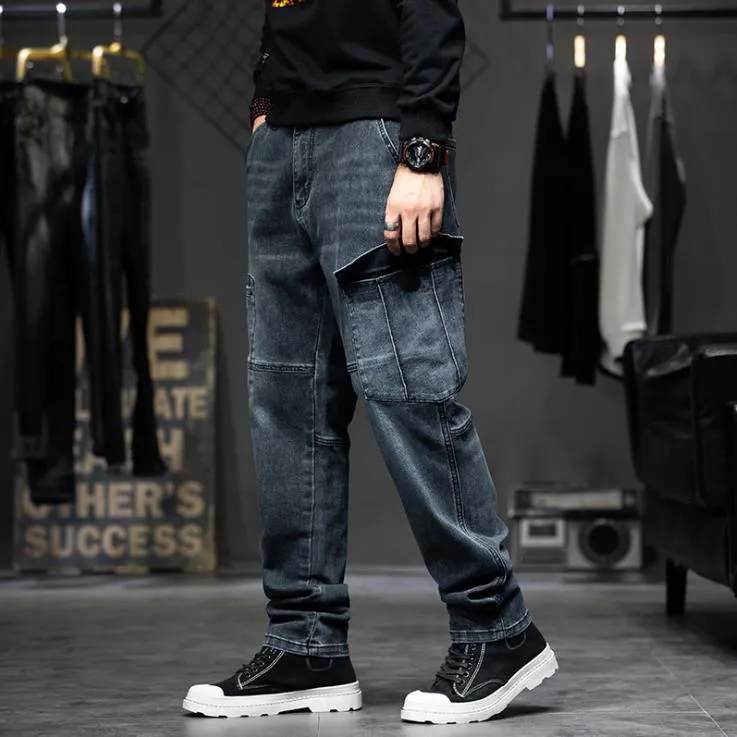 Men's Denim Leisure Hip-Hop Style Mid Waist Full-Length Loose Fit Jeans