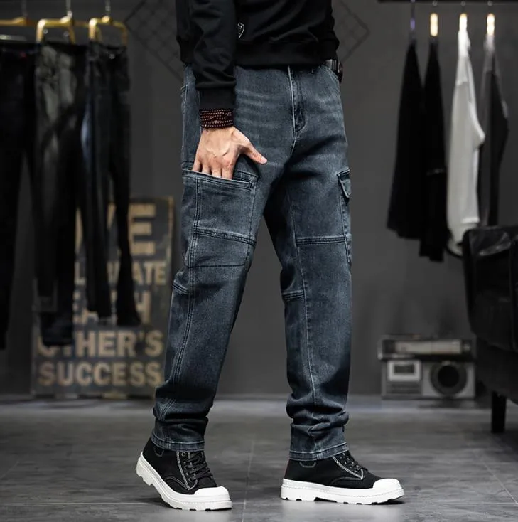 Men's Denim Leisure Hip-Hop Style Mid Waist Full-Length Loose Fit Jeans