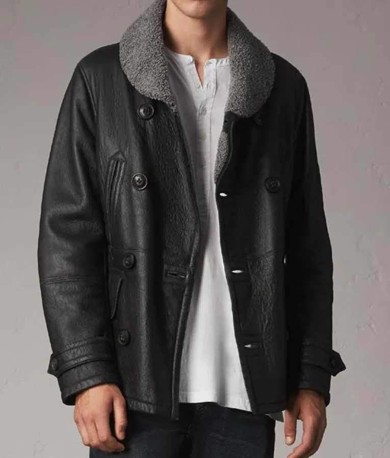 Mens Double Breasted Shearling Black Leather Pea Coat