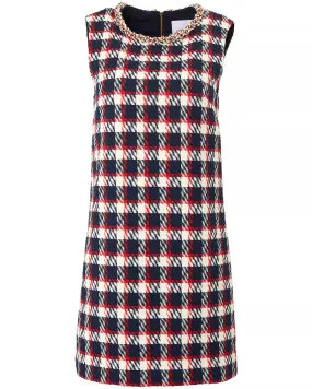 Midnight Plaid Embellished Chain Collar Shift Dress