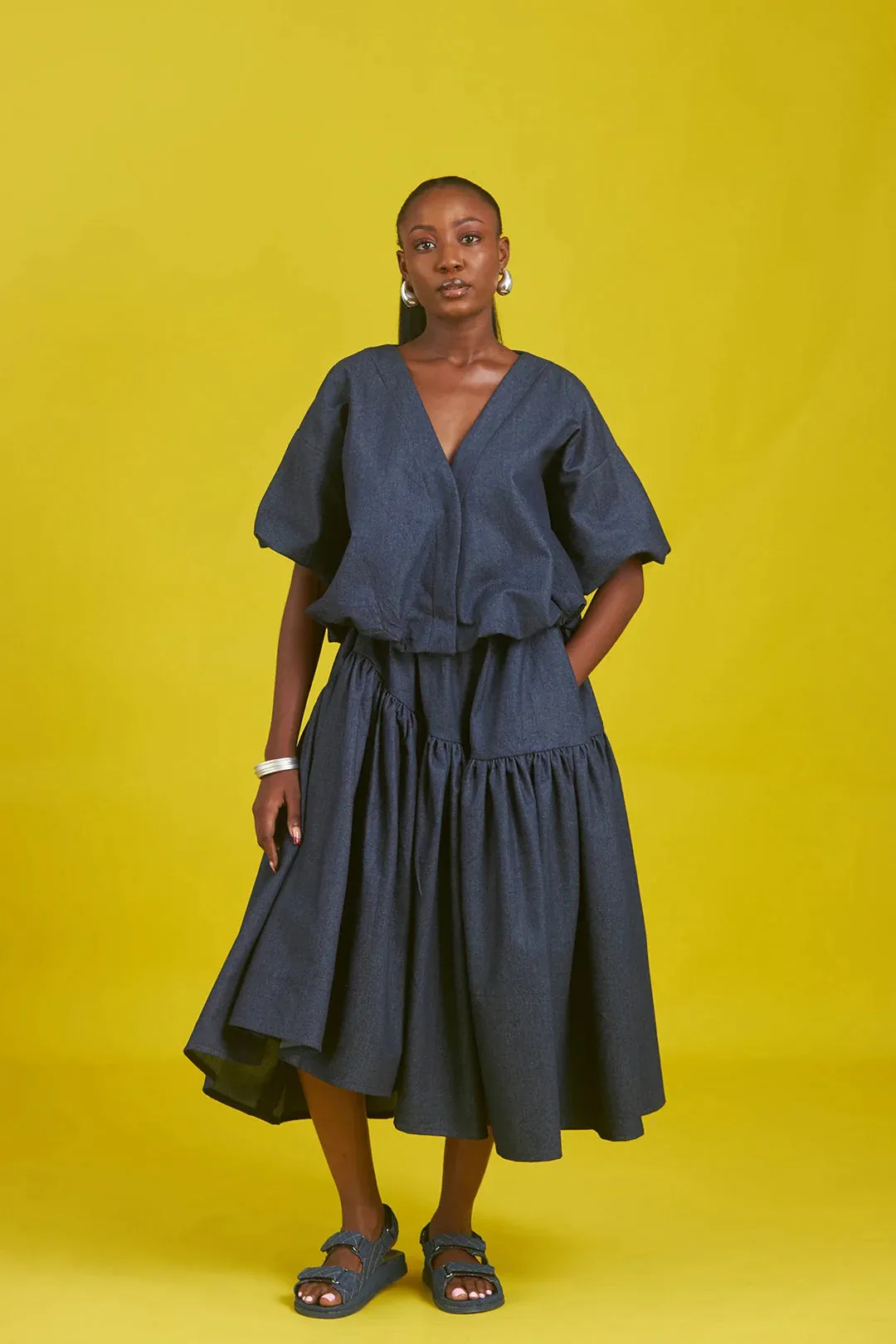 M.O.T Amaka denim skirt set, Bubble jacket with short sleeves, Asymmetric gathered skirt