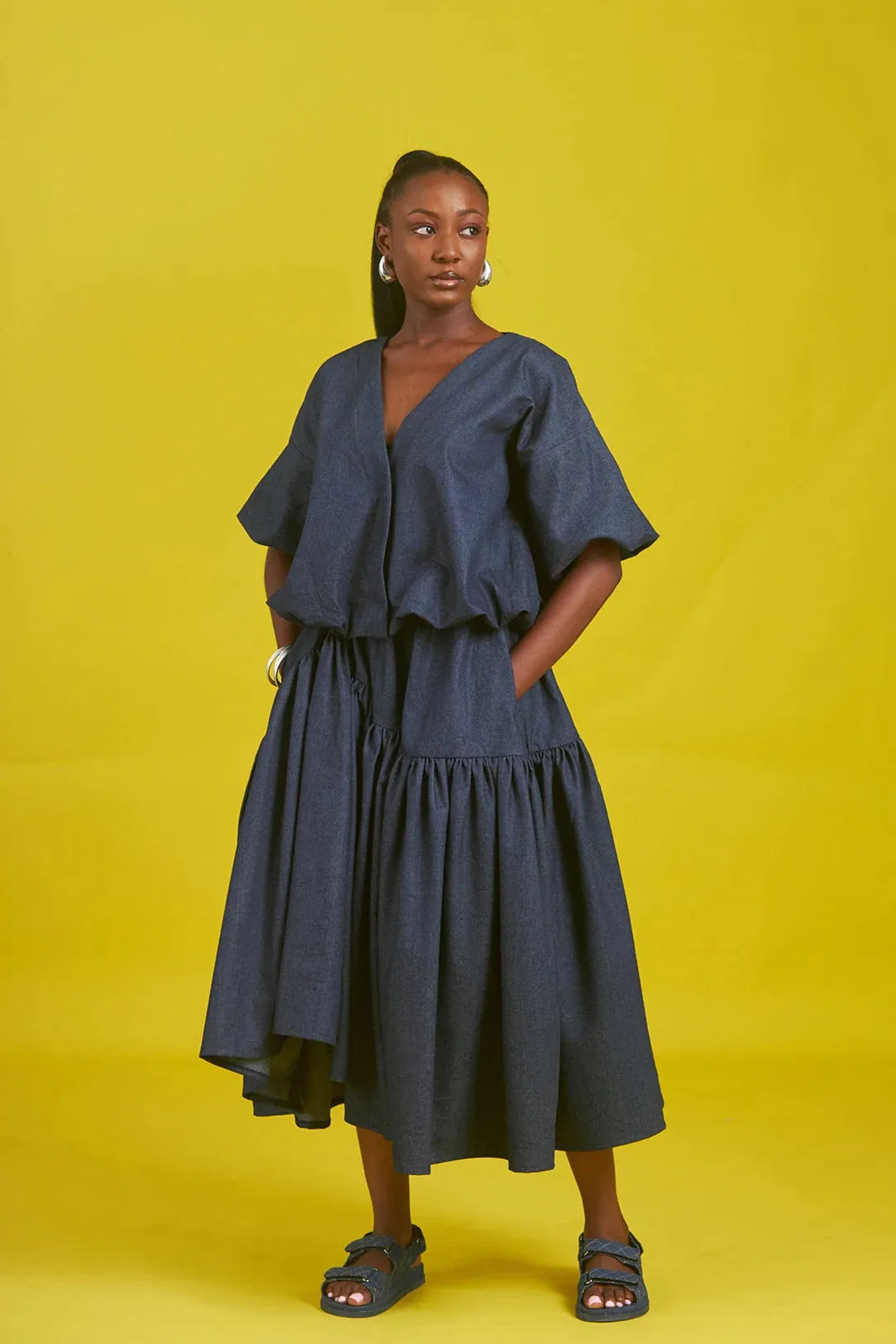 M.O.T Amaka denim skirt set, Bubble jacket with short sleeves, Asymmetric gathered skirt