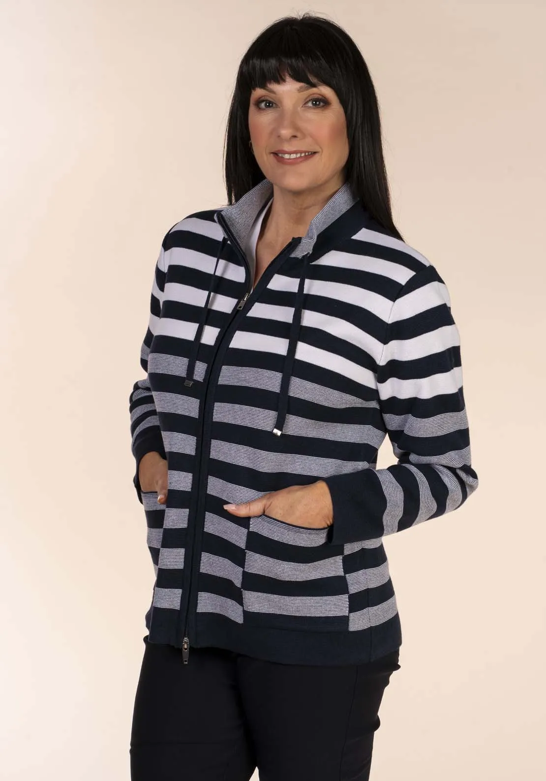 Navy Striped Cardigan with Zipper Front