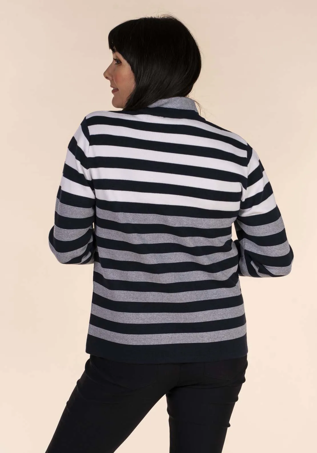 Navy Striped Cardigan with Zipper Front