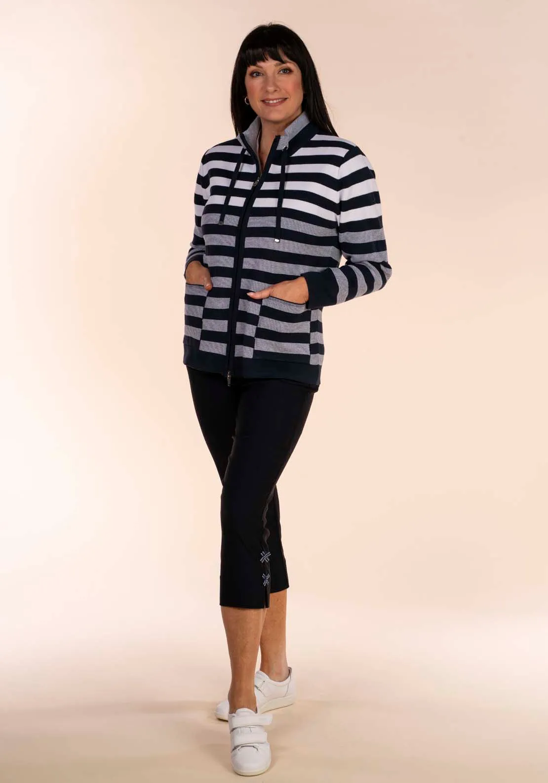 Navy Striped Cardigan with Zipper Front