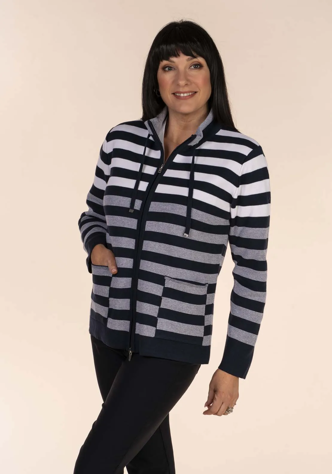 Navy Striped Cardigan with Zipper Front