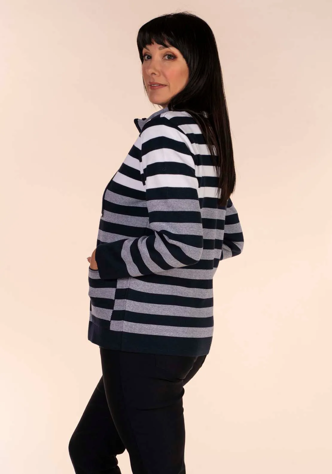 Navy Striped Cardigan with Zipper Front