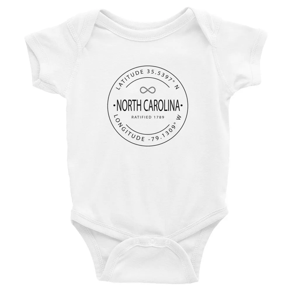 North Carolina Baby Bodysuit with Latitude and Longitude