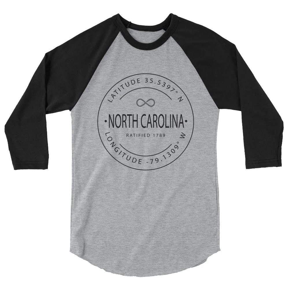 North Carolina coordinates - 3/4 Sleeve Raglan Shirt for sale - Latitude & Longitude