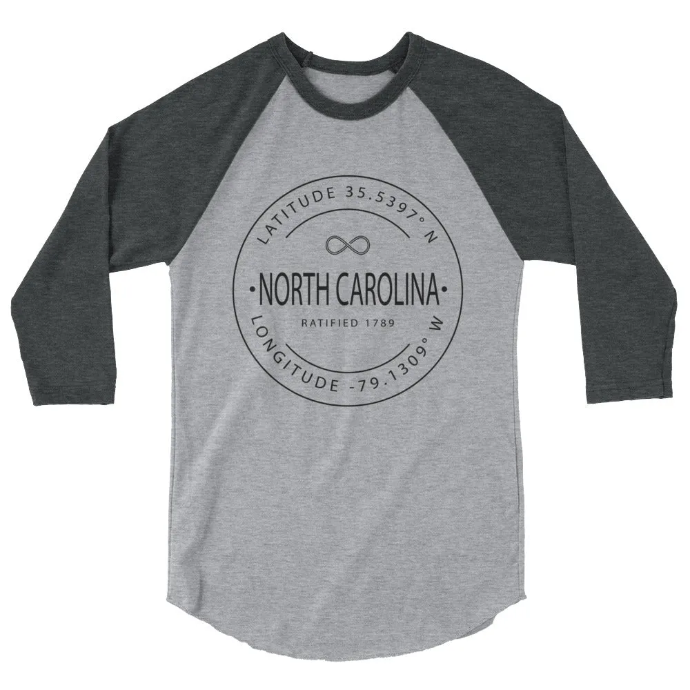 North Carolina coordinates - 3/4 Sleeve Raglan Shirt for sale - Latitude & Longitude