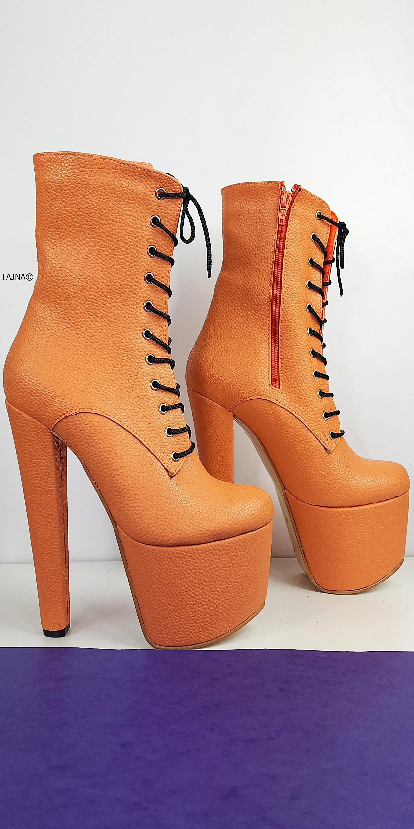 Orange lace up chunky heel boots