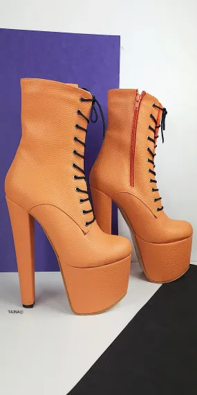 Orange lace up chunky heel boots