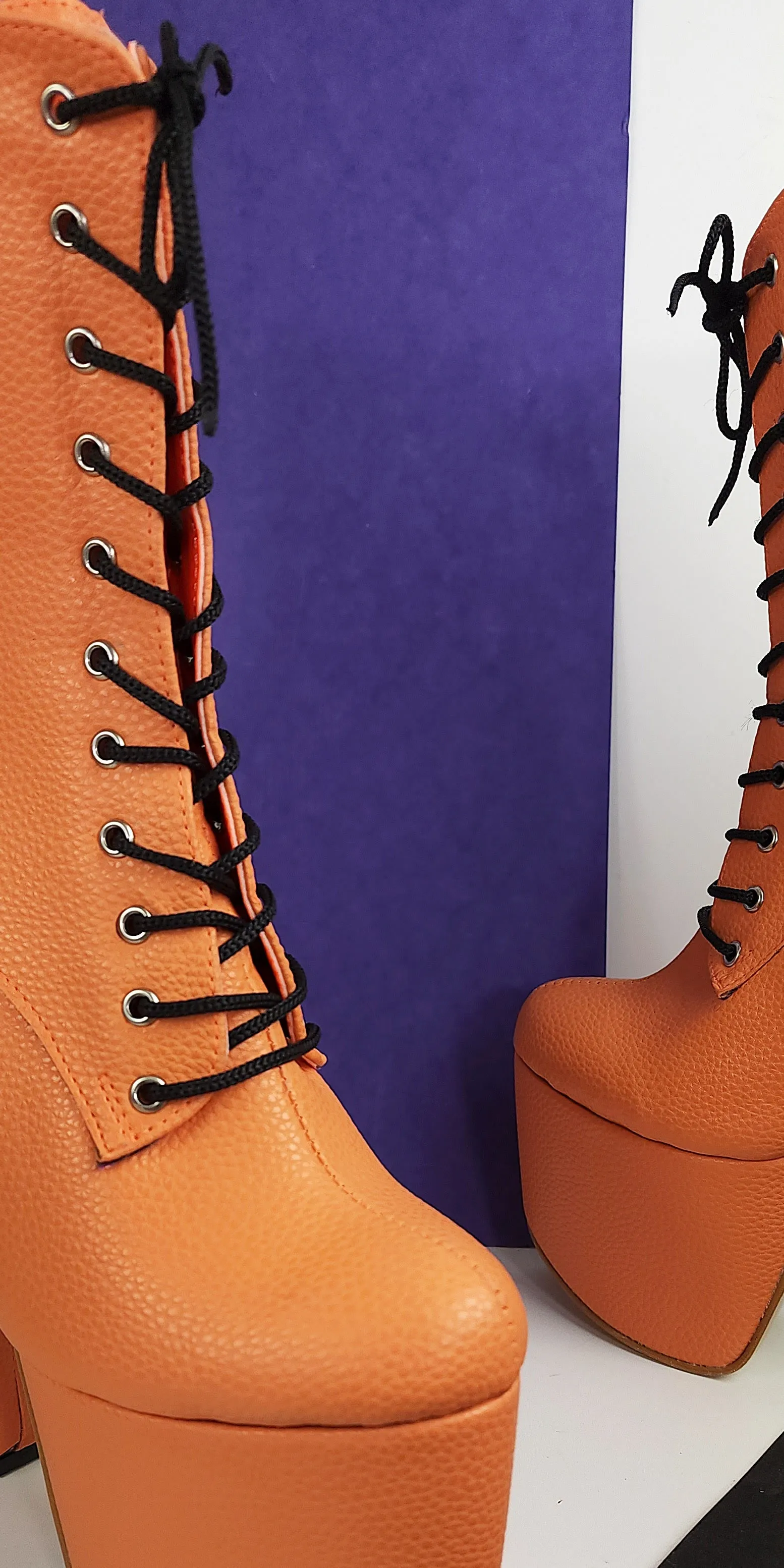 Orange lace up chunky heel boots