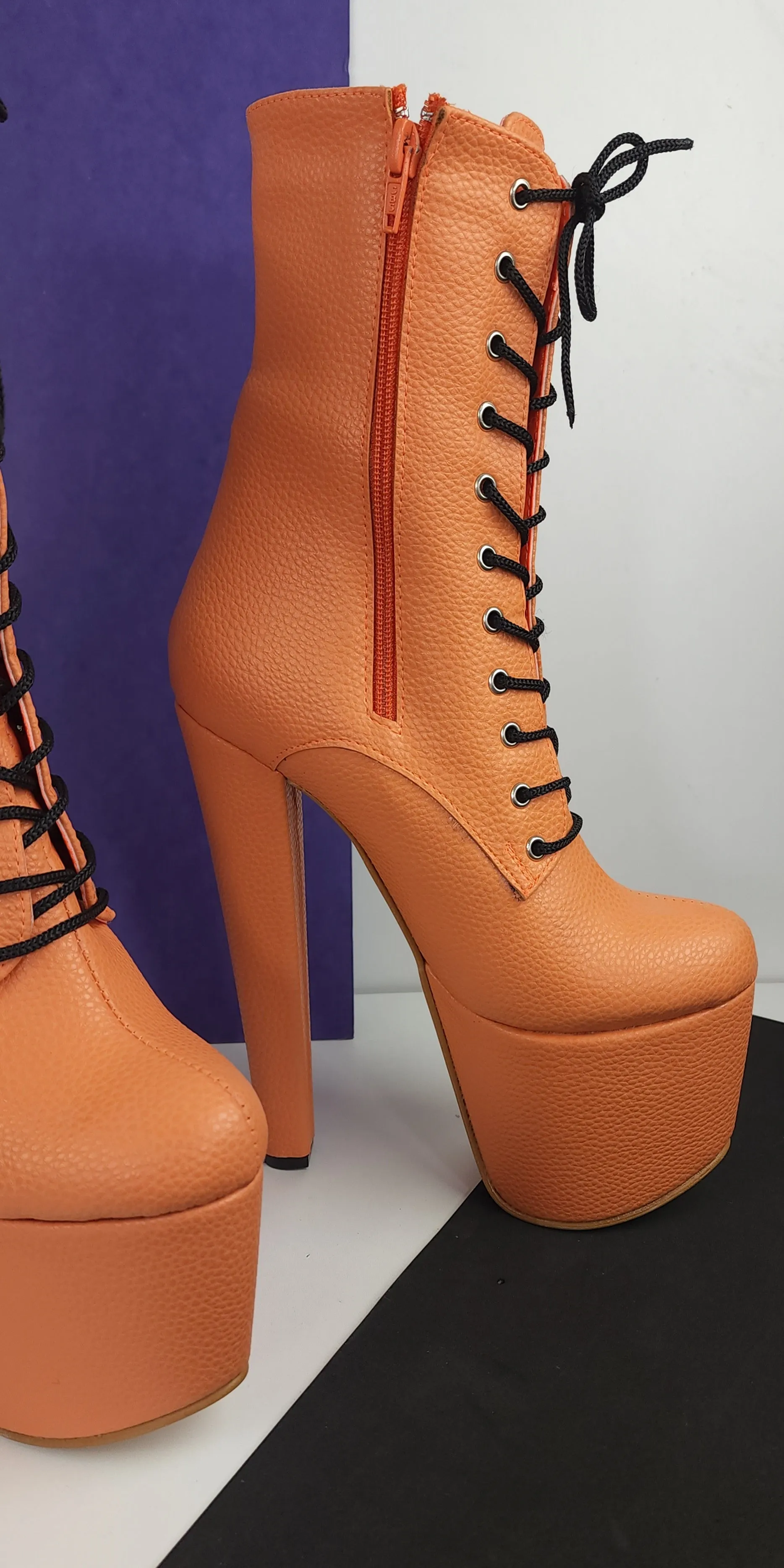 Orange lace up chunky heel boots