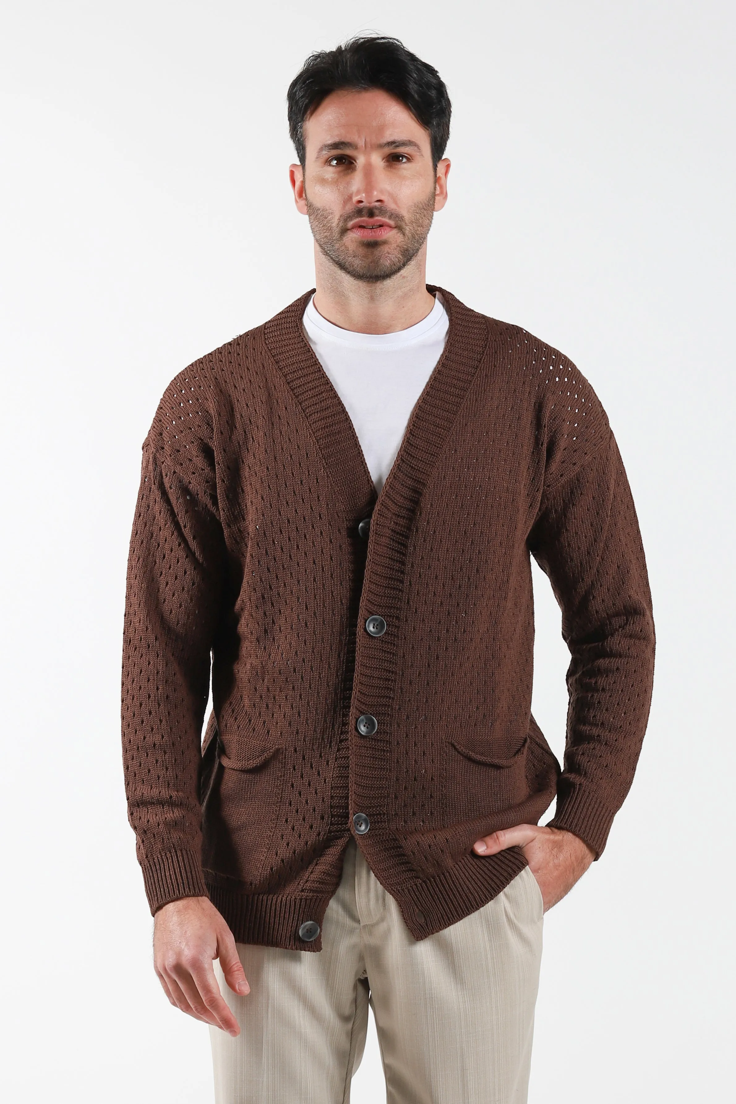 Perforated knitted cardigan - Brown