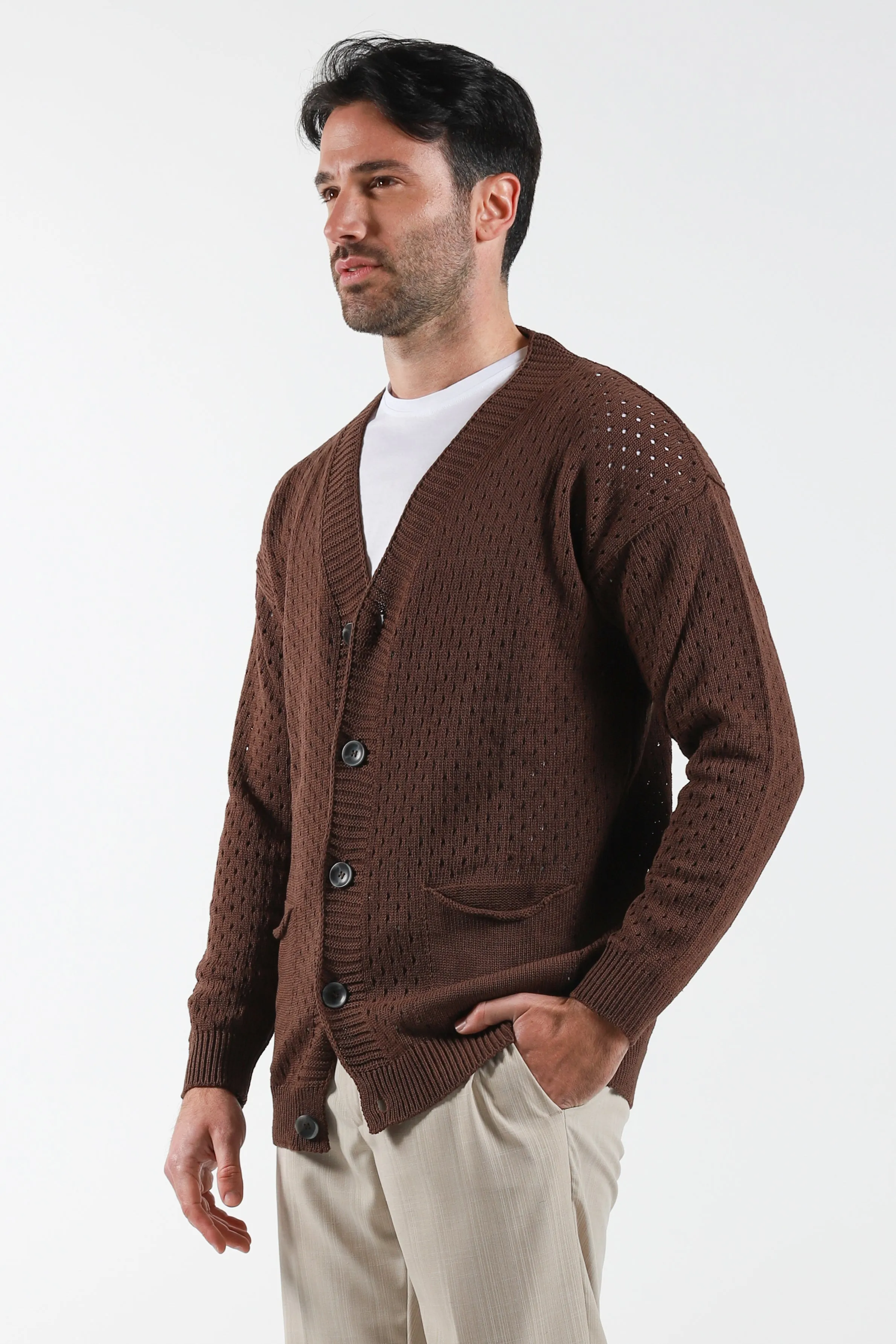 Perforated knitted cardigan - Brown