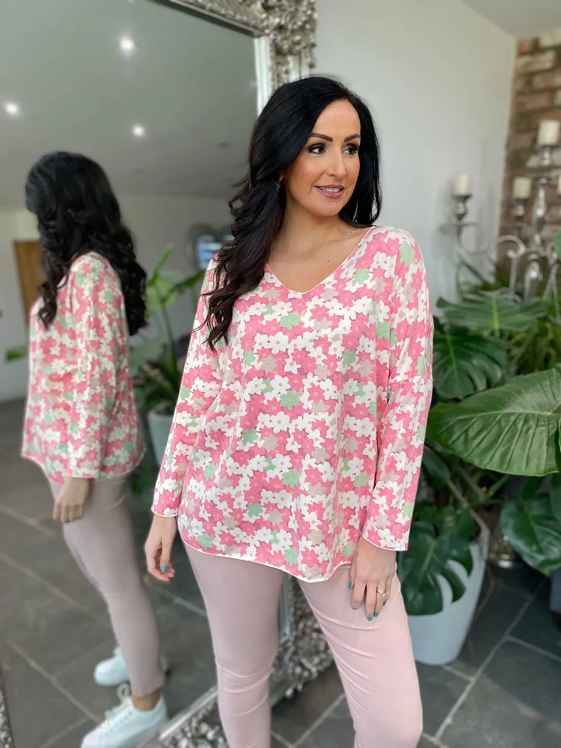 Pink Floral V-Neck Top