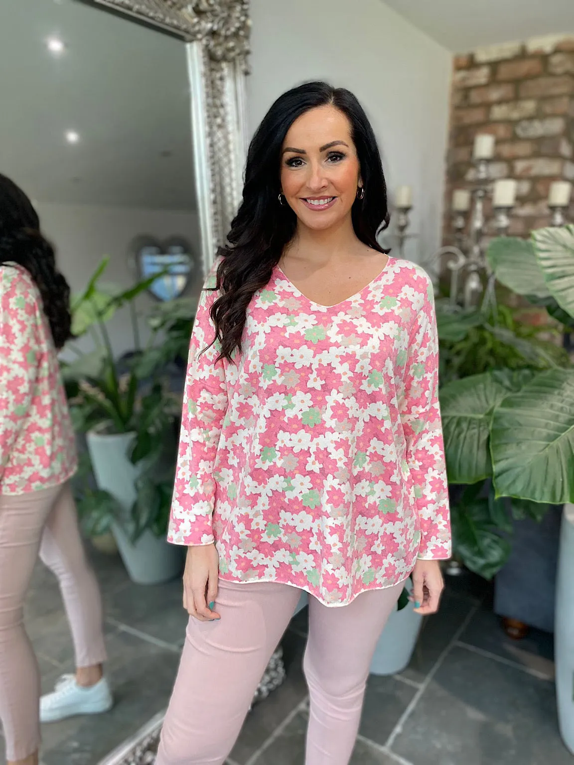 Pink Floral V-Neck Top