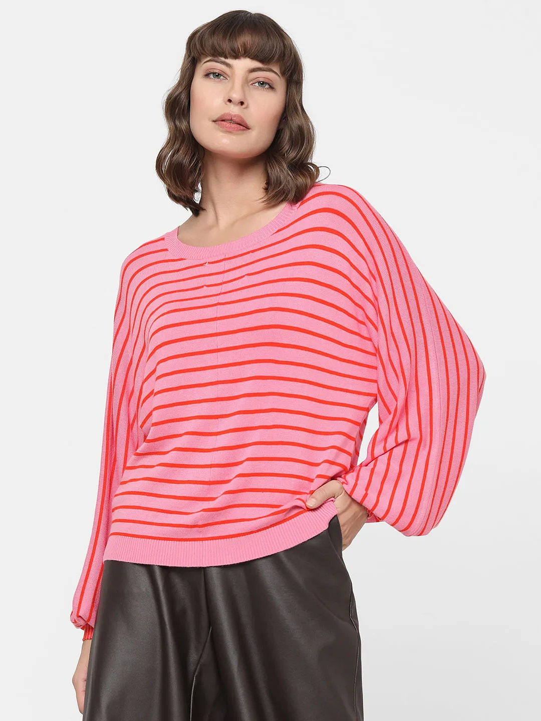 Pink Striped Balloon Sleeves Pullover