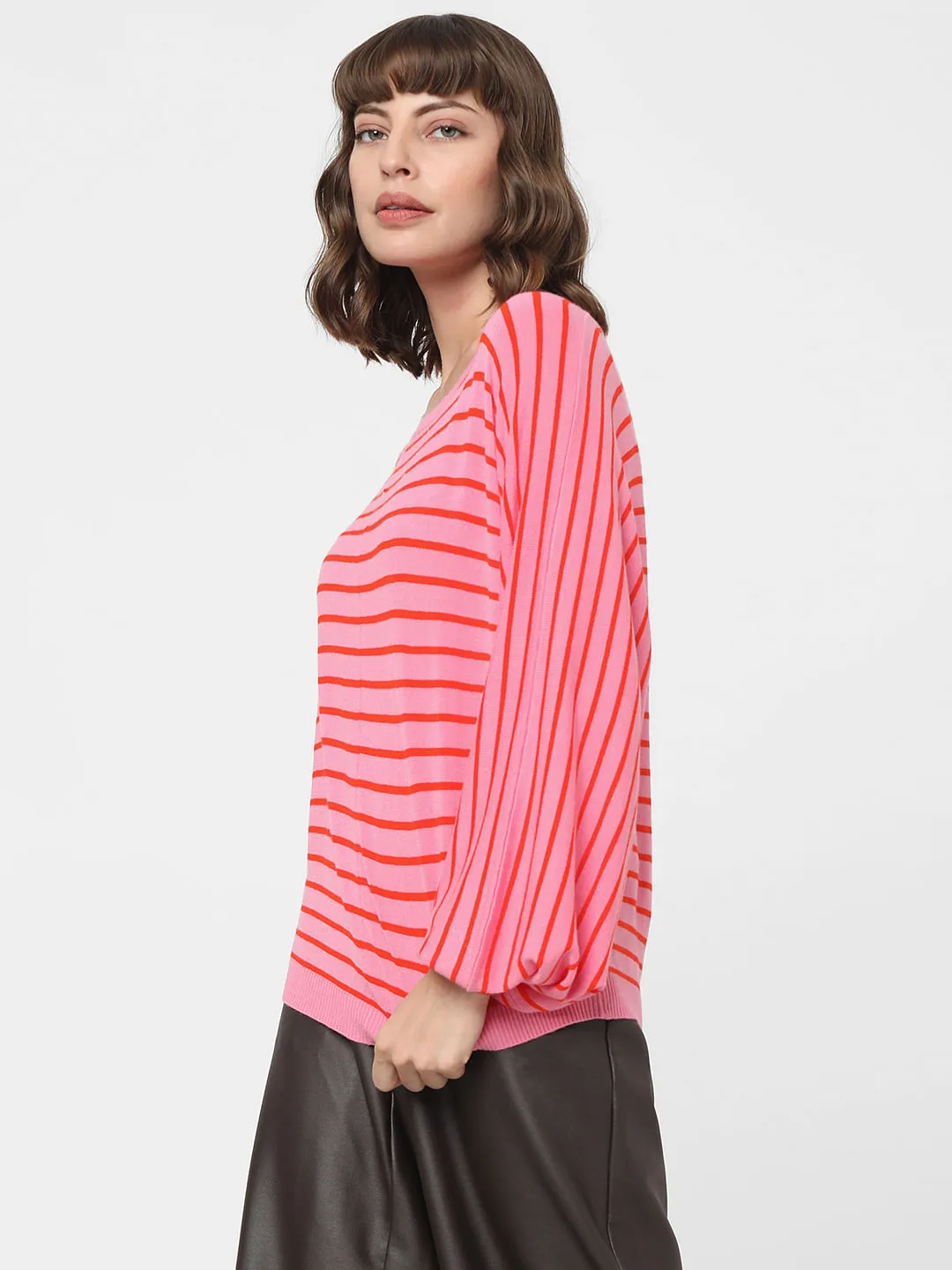 Pink Striped Balloon Sleeves Pullover