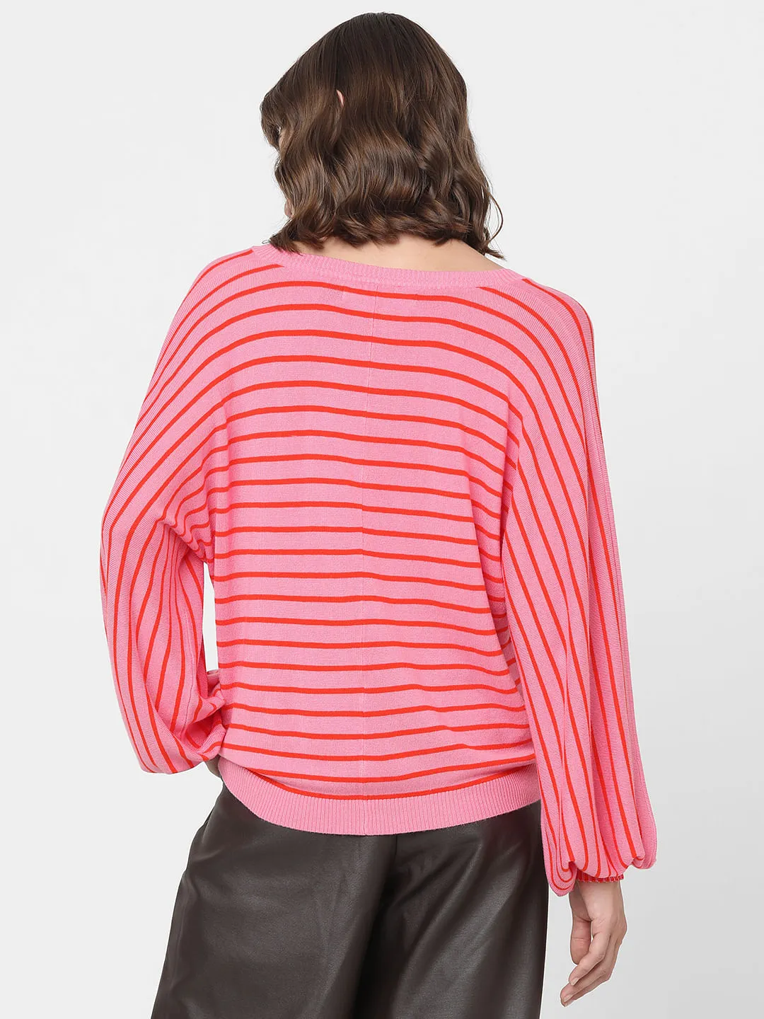 Pink Striped Balloon Sleeves Pullover