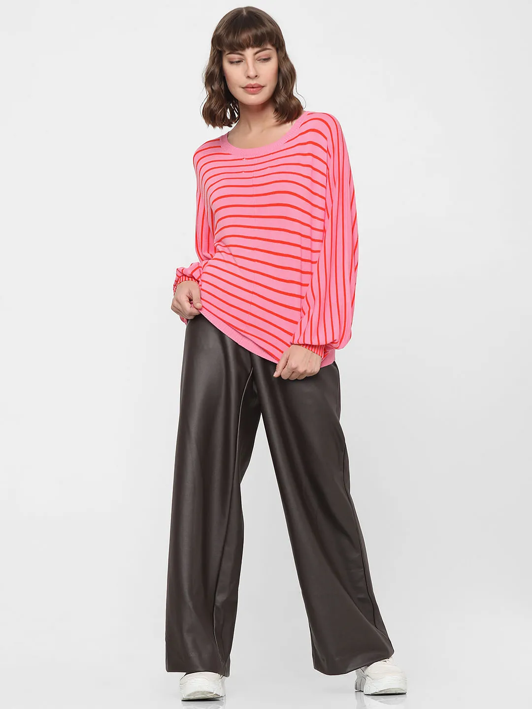 Pink Striped Balloon Sleeves Pullover