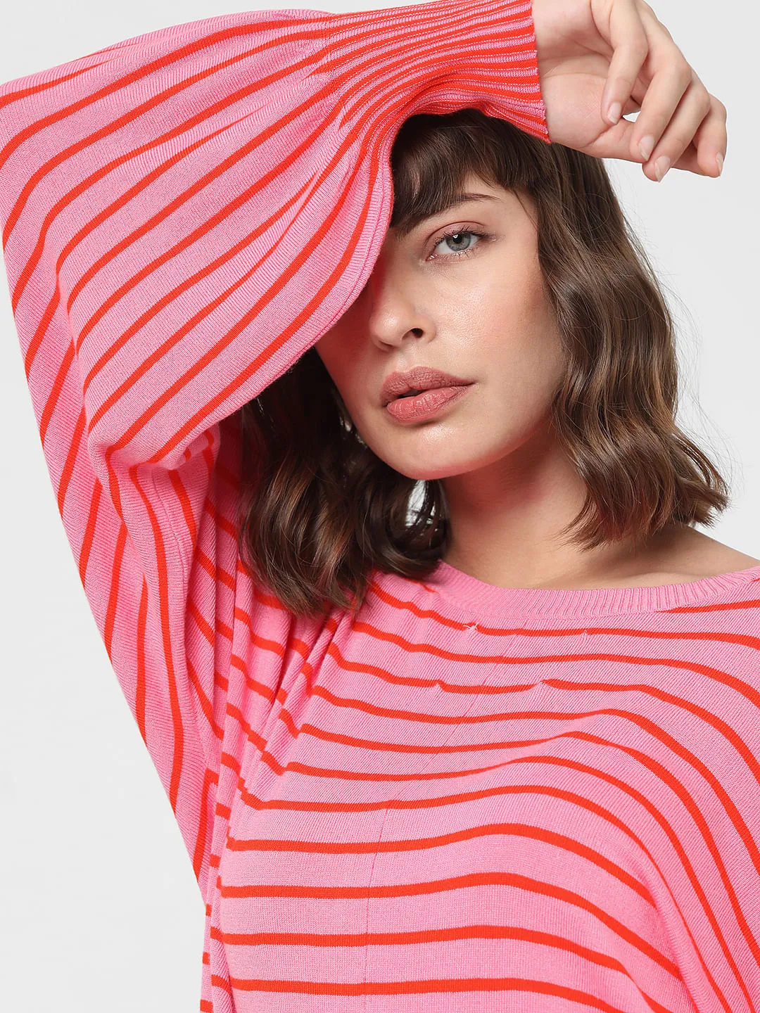 Pink Striped Balloon Sleeves Pullover