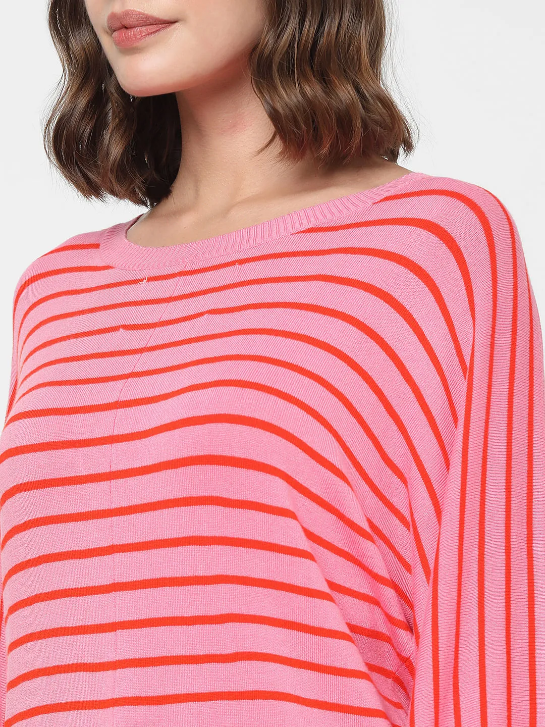 Pink Striped Balloon Sleeves Pullover