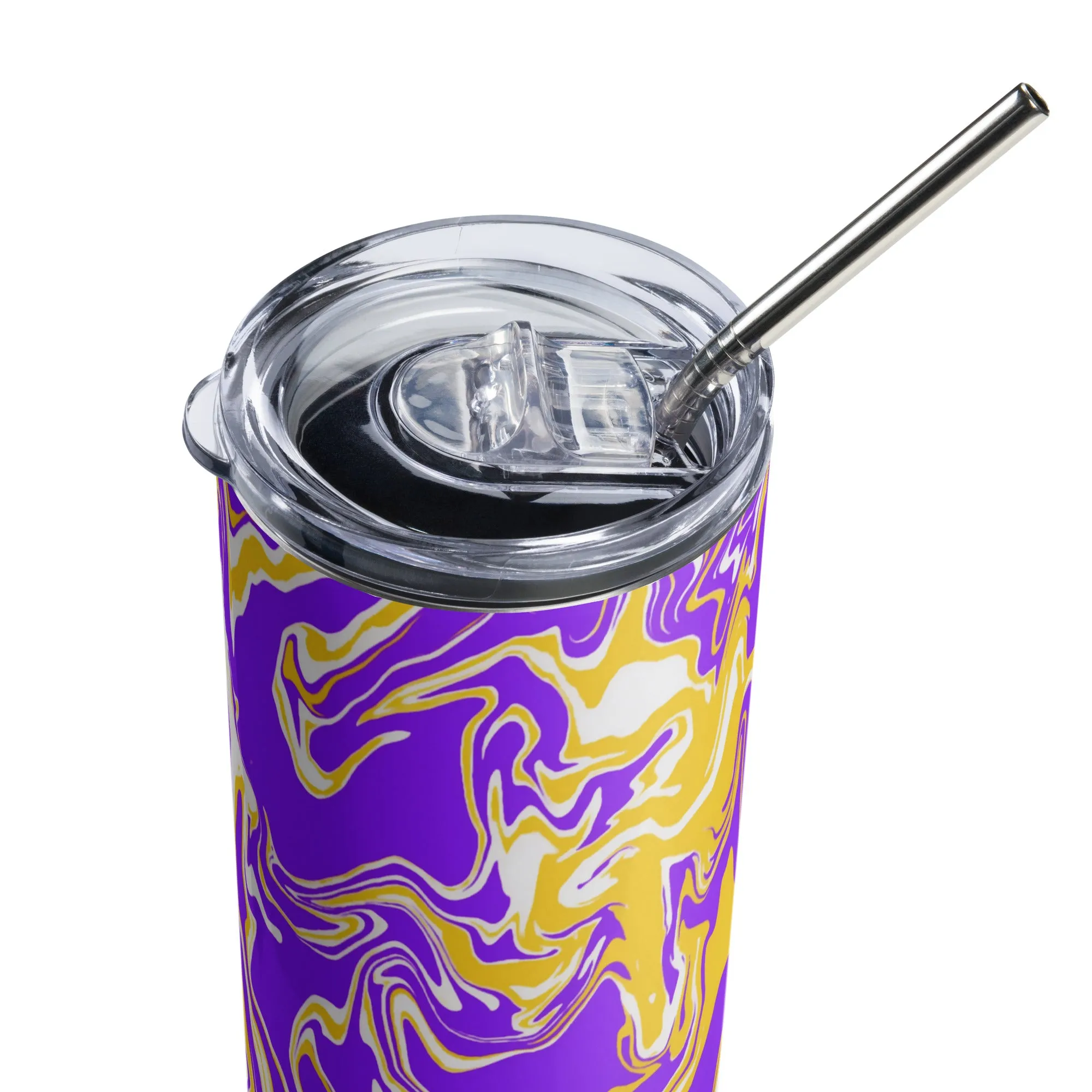 Purple Gold and White Stainless Steel Tumbler with 20 oz Capacity, Ideal for Hot and Cold Beverages