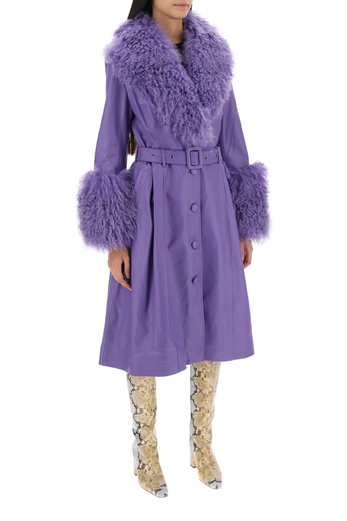 Saks Potts Foxy Leather And Shearling Long Coat   Purple